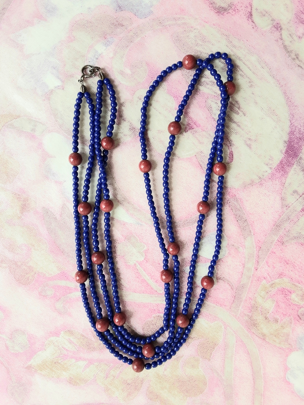 Vintage Two-Strand Cobalt Blue Beaded Necklace, Red Accents, 925 Silver Clasp